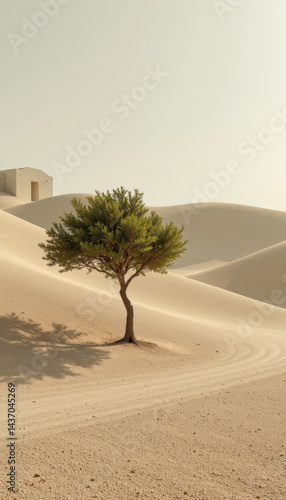 Solitary tree stands in vast desert landscape, surrounded by rolling sand dunes and distant structure. scene evokes sense of tranquility and resilience in nature