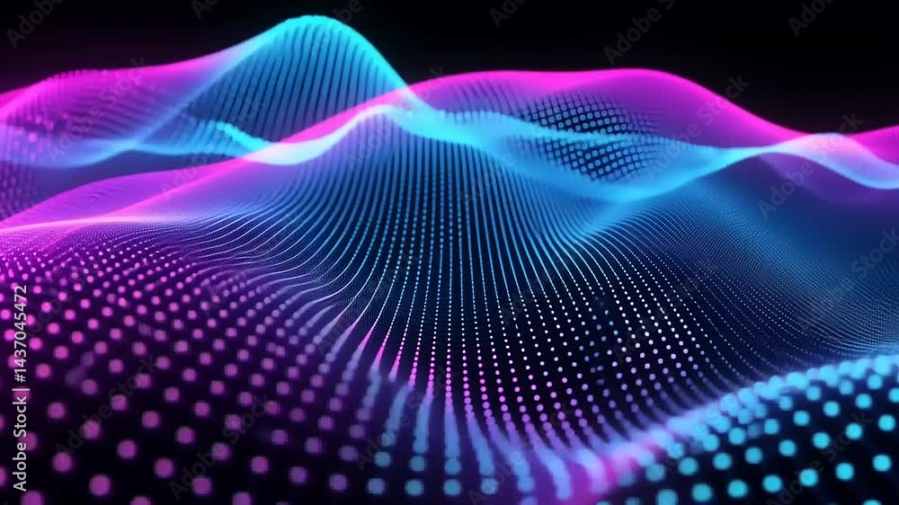 Abstract digital landscape with glowing particles forming undulating waves in vibrant pink and blue hues Abstract digital landscape with glowing particles forming undulating waves in vibrant pink and blue hues