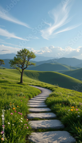Serene landscape featuring winding stone pathway surrounded by lush green hills and solitary tree. sky is bright with soft clouds, creating peaceful atmosphere