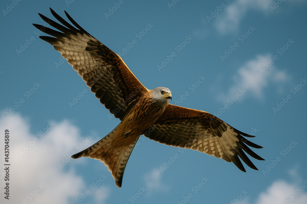 Fototapeta premium Majestic red kite soaring in clear blue sky with cloud background