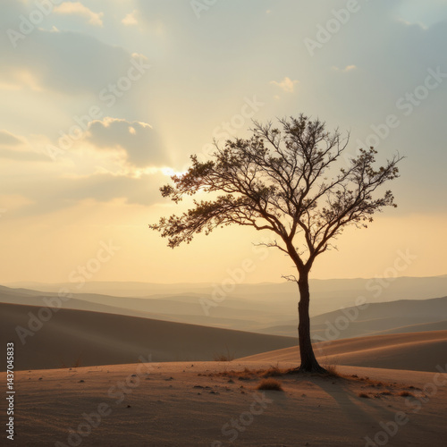 Solitary tree stands gracefully in vast desert landscape, bathed in warm glow of setting sun. serene atmosphere evokes sense of peace and tranquility, highlighting beauty of nature