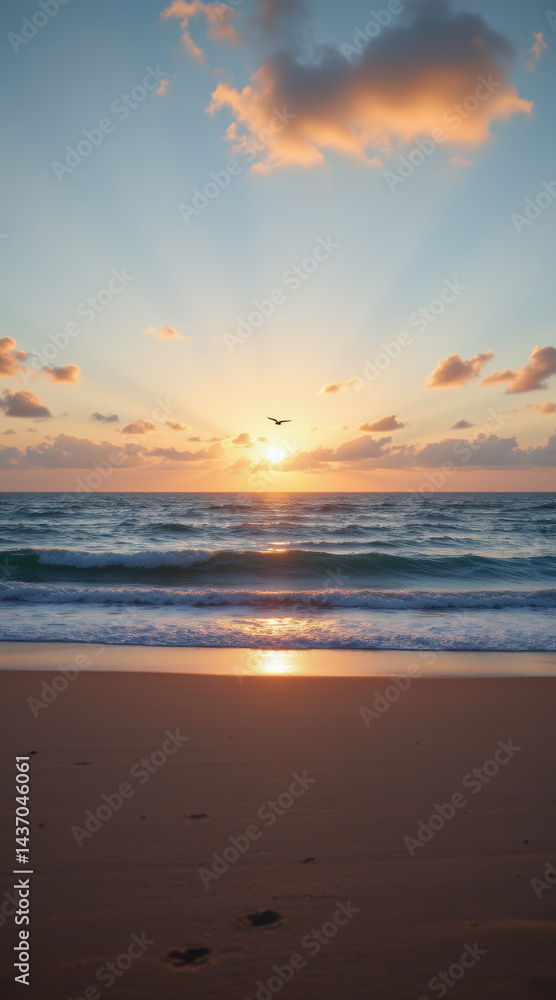 Serene beach scene sunset, featuring gentle waves lapping shore, with vibrant sky filled with clouds and rays of sunlight breaking through. tranquil atmosphere evokes sense of peace and relaxation Serene beach scene sunset, featuring gentle waves lapping shore, with vibrant sky filled with clouds and rays of sunlight breaking through. tranquil atmosphere evokes sense of peace and relaxation