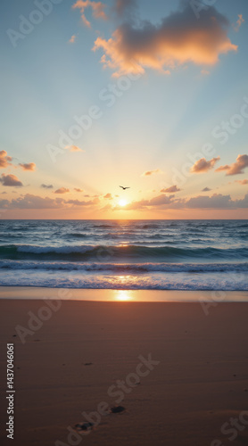 Serene beach scene sunset, featuring gentle waves lapping shore, with vibrant sky filled with clouds and rays of sunlight breaking through. tranquil atmosphere evokes sense of peace and relaxation