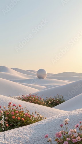 Serene landscape featuring rolling white dunes with smooth spherical object in distance, surrounded by vibrant flowers. scene evokes sense of tranquility and minimalism