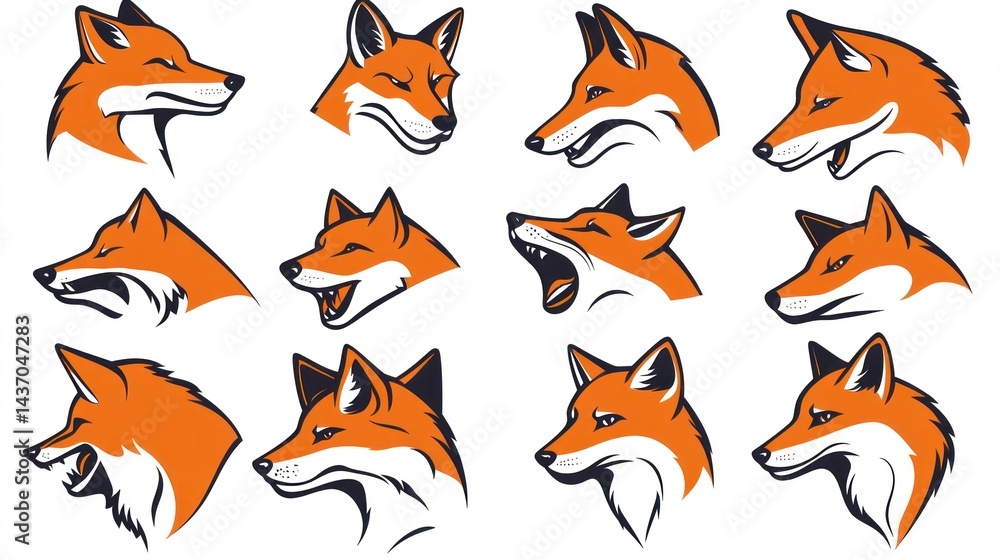Fox head illustrations; various poses, expressions; white background; design asset Fox head illustrations; various poses, expressions; white background; design asset