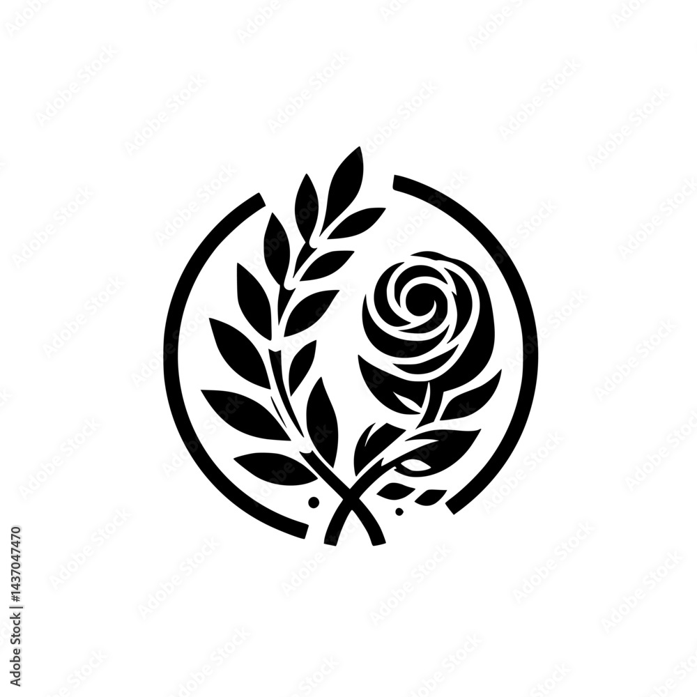 Obraz premium Black & White Floral Logo: Rose and Leaves in a Circle