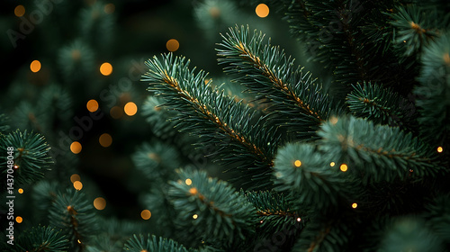 Closeup christmas tree branches decorated with lights