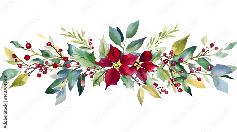 Fototapeta premium Cozy Watercolor Floral Arrangement with Festive Details and Leaves