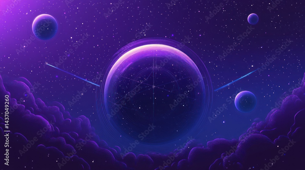 Cosmic Dreamscape: Purple Nebula and Distant Planets in an Illustrative Galaxy Cosmic Dreamscape: Purple Nebula and Distant Planets in an Illustrative Galaxy