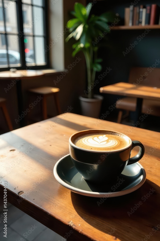 Obraz premium Aromatic Coffee Break Sunlit Latte on Rustic Wooden Table in a Cozy Cafe