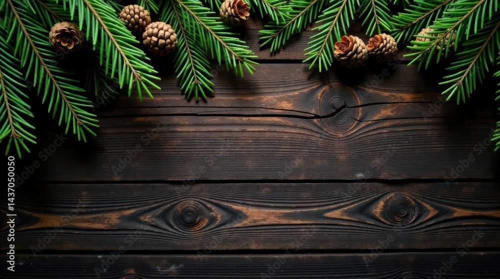Rustic Wooden Background with Evergreen Branches and Pine Cones for Festive Holiday Designs Rustic Wooden Background with Evergreen Branches and Pine Cones for Festive Holiday Designs