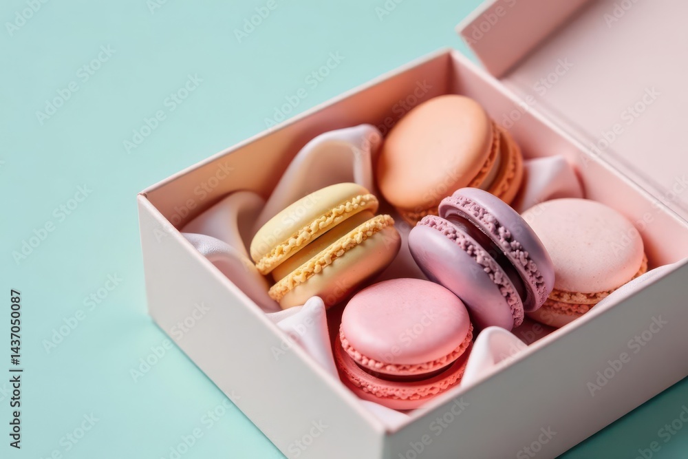 Fototapeta premium Pastel-colored macarons in a delicate pink gift box, nestled on a soft silk lining, creating a delightful and elegant presentation
