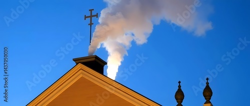 smoke from chimney, old church steeple, indicating the successful election of a new pope during the papal conclave, White smoke rises from the chapel chimney,  incense sticks in a temple, 