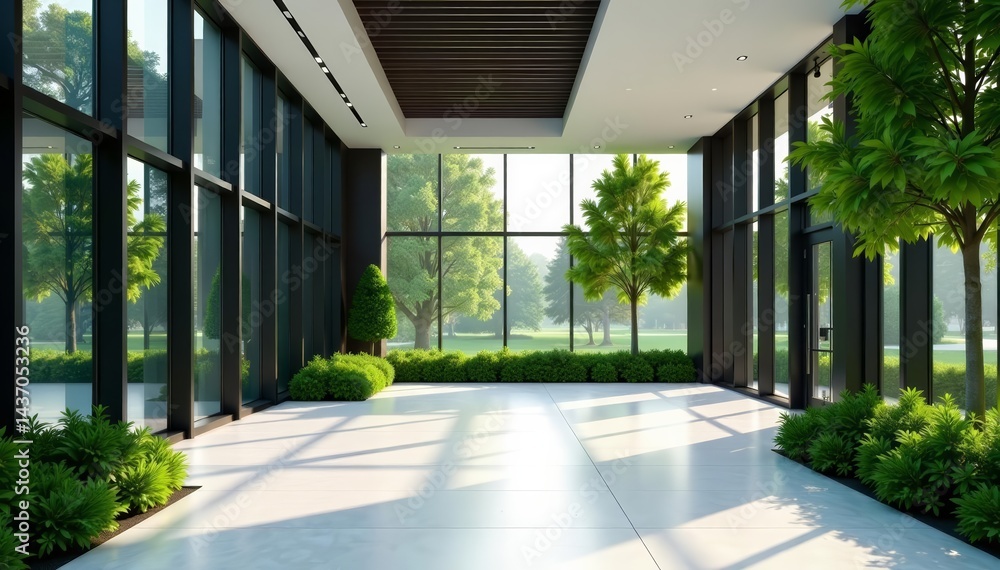 Fototapeta premium Sleek office building with floor-to-ceiling windows, surrounded by lush greenery, commercial, bushes