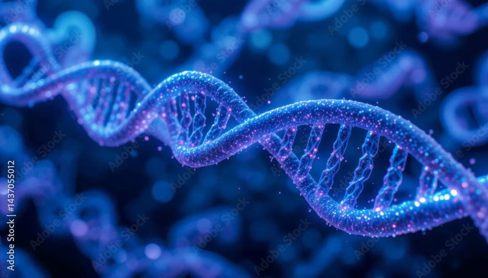 A close-up view of a DNA double helix, rendered in vibrant blue and purple hues, sparkles with an ethereal glow against a dark backdrop. The image evokes a sense of scientific wonder . A close-up view of a DNA double helix, rendered in vibrant blue and purple hues, sparkles with an ethereal glow against a dark backdrop. The image evokes a sense of scientific wonder .