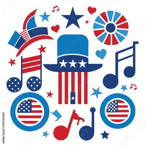 American 4th July patriotic music icon set on white background