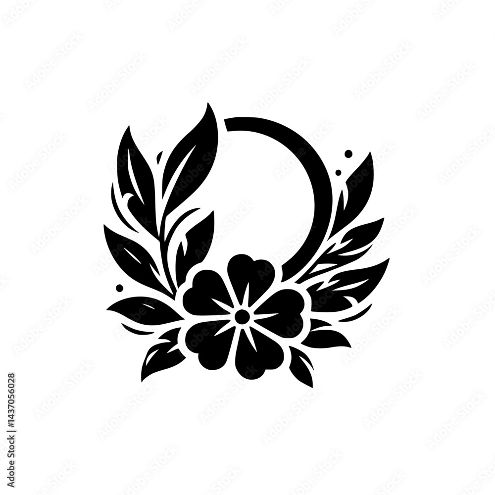 Floral Silhouette Logo: Black and White Design with Flower, Leaves, and Circle Floral Silhouette Logo: Black and White Design with Flower, Leaves, and Circle