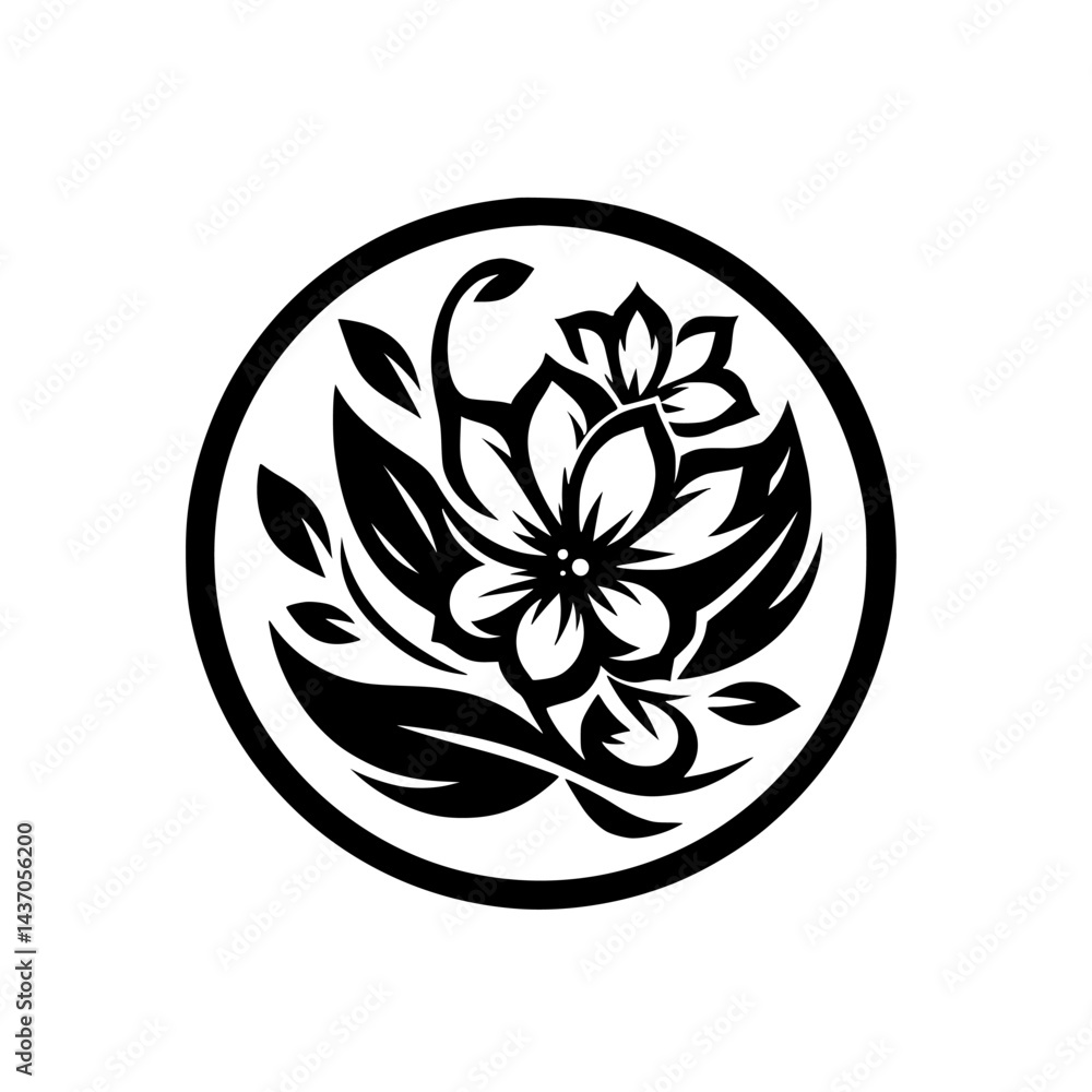 Obraz premium Elegant Floral Emblem in Black and White, Minimalist Design