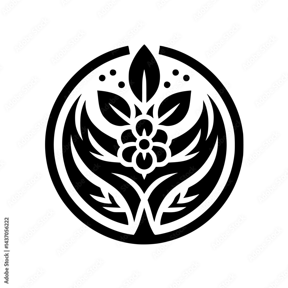 Fototapeta premium Elegant Black and White Floral Crest Logo, Round Emblem Design