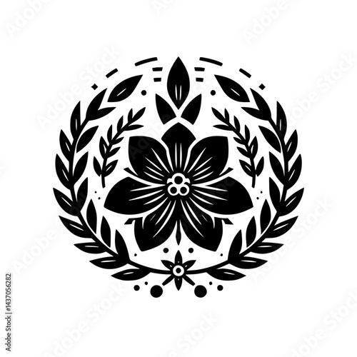 Ornamental Floral Crest in Black and White: Elegant Design