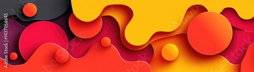 Abstract colorful layered background with flowing shapes and circular elements in yellow, red, orange, and black tones.