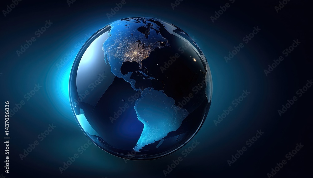 Fototapeta premium A glowing blue Earth is depicted against a dark background, highlighting city lights in North and South America.