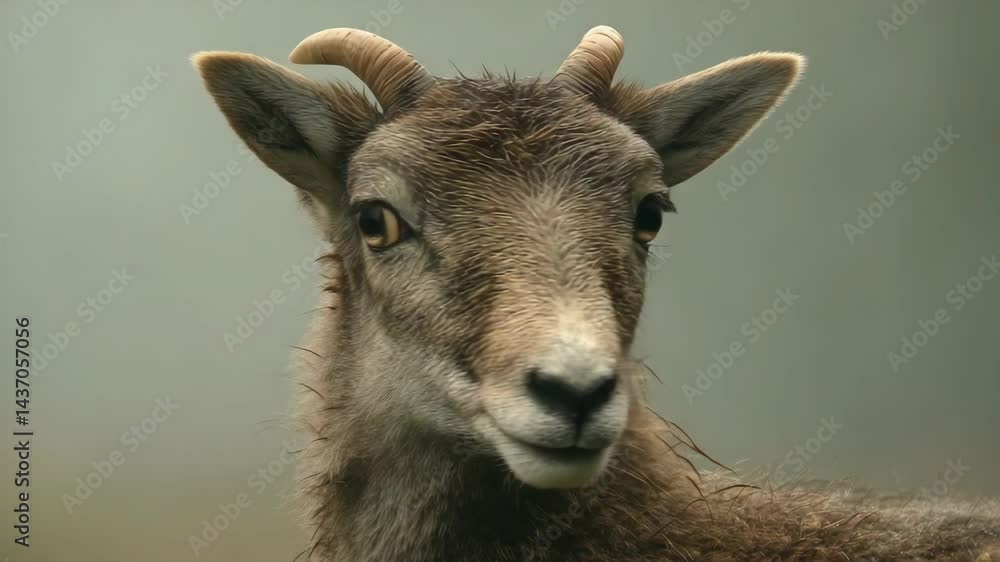 Close up portrait of a young mouflon with small horns looking directly at camera in a natural setting. The background is soft. Close up portrait of a young mouflon with small horns looking directly at camera in a natural setting. The background is soft.