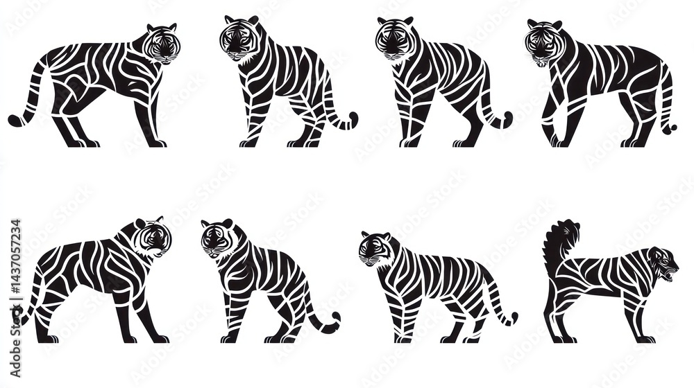 Obraz premium Eight tigers in black and white for design elements in books and education material