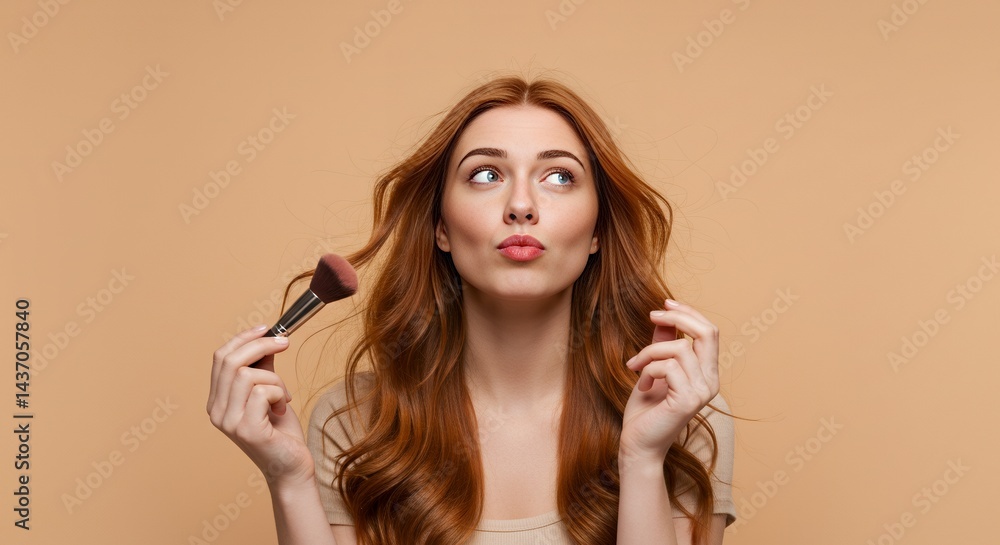 Young Auburn Haired Woman Holding Makeup Brush With a Playful Expression Against a Soft Pastel Apricot Background Young Auburn Haired Woman Holding Makeup Brush With a Playful Expression Against a Soft Pastel Apricot Background