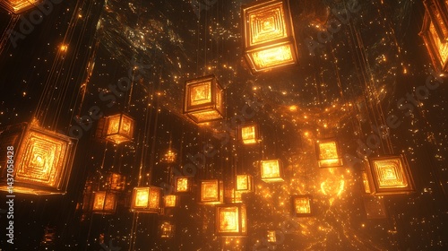 First-person view of a space explorer navigating through a field of floating temples, each glowing with ancient symbols. Cinematic interstellar mystery