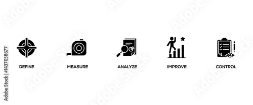 Dmaic banner web icon set vector illustration concept of define measure analyze improve control with icon of management, performance, development, target, growth icons symbol background live stroke
