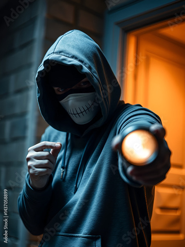 a burglar in a hoodie and mask is holding a flashlight