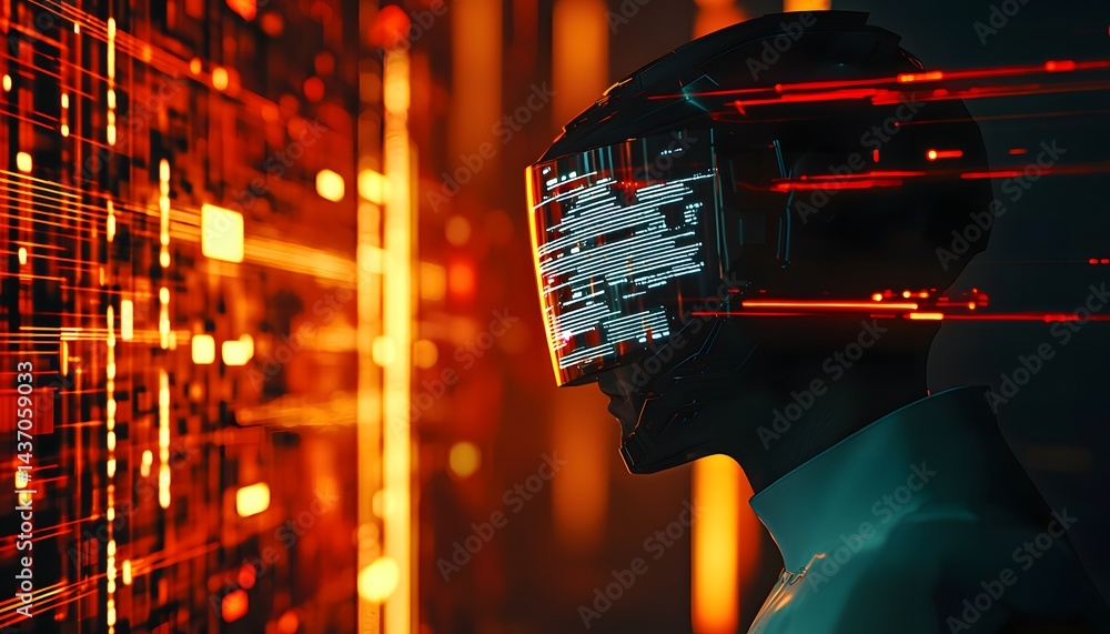 Naklejka premium Over-the-shoulder shot of a hacker infiltrating a futuristic megacorp, glowing data streams flowing across their visor. Cinematic cyberpunk heist