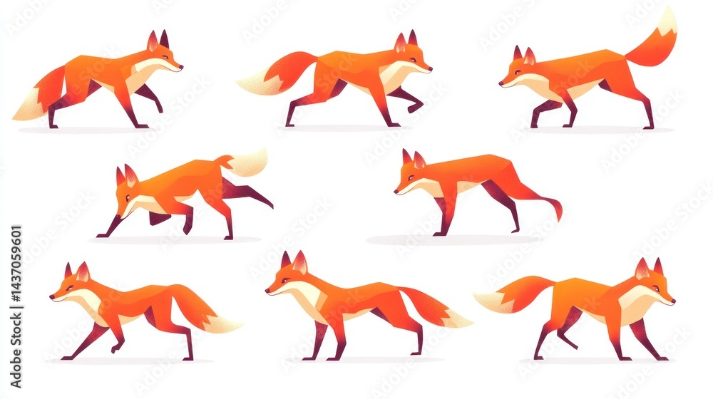 Red fox animation spritesheet; walk cycle, isolated Red fox animation spritesheet; walk cycle, isolated