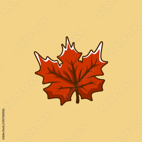 A cute and simple cartoon illustration of a maple leaf. The leaf is a vibrant reddish-brown with darker brown veins and a white outline