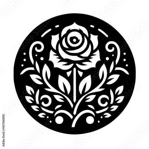 Elegant Rose Emblem: Black & White Circle Design