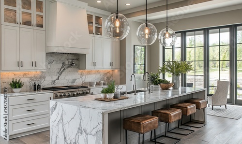 Elegant kitchen interior with marble island