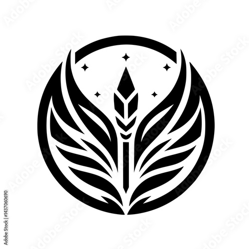 Elegant Black and White Emblem: Feathered Crest with Stars