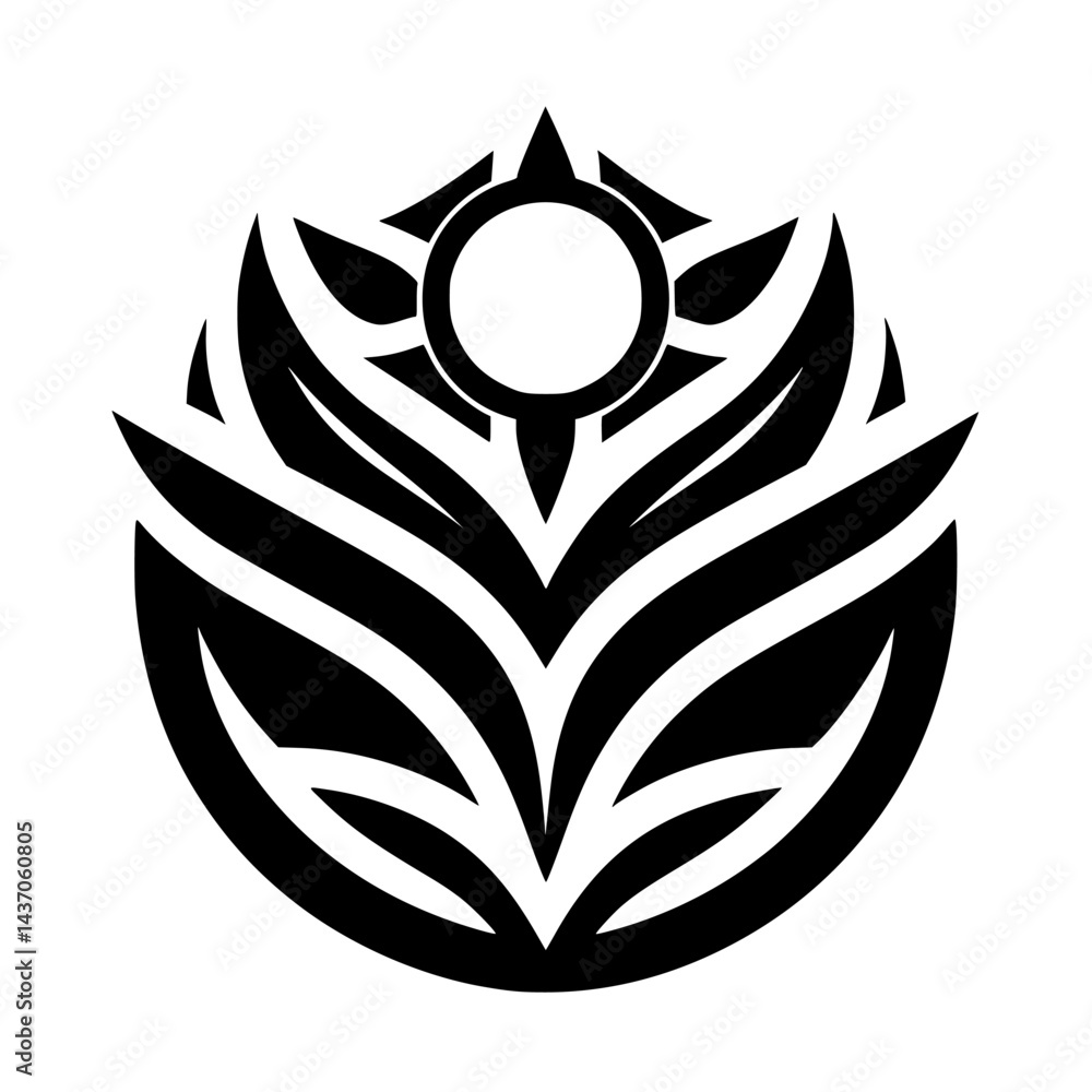 Obraz premium Tribal Tattoo Style Floral Motif, Geometric Sun Symbol