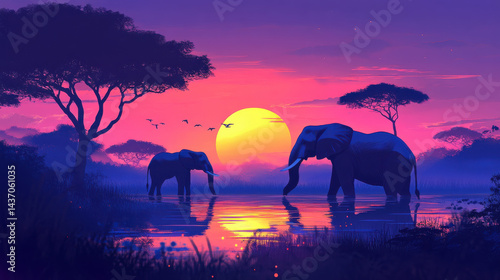 serene sunset view of elephants silhouetted against vibrant sky, reflecting in water, creating peaceful atmosphere