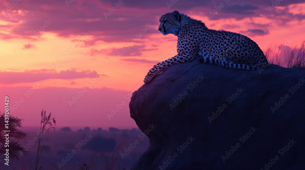 serene moment of cheetah resting on rock outcrop during vibrant sunset, showcasing beauty of nature and wildlife