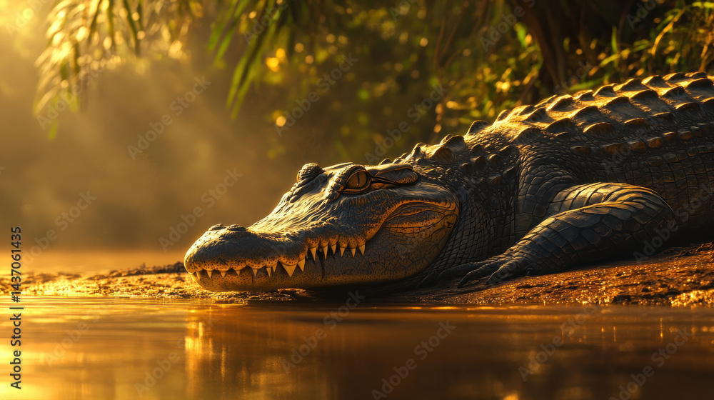 tranquil moment of crocodile resting on sunlit riverbank, surrounded by lush greenery and warm golden light, evokes sense of calm