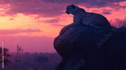 Obraz na płótnie serene moment of cheetah resting on rock outcrop during vibrant sunset, showcasing beauty of nature and wildlife w salonie