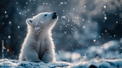 playful polar bear cub enjoying snowflakes in serene winter landscape, capturing moment of pure joy and innocence