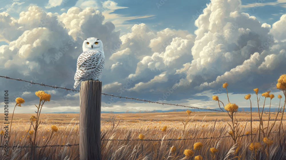tranquil moment of snowy owl perched on fence, surrounded by golden grasses and dramatic clouds, evokes sense of peace and nature beauty
