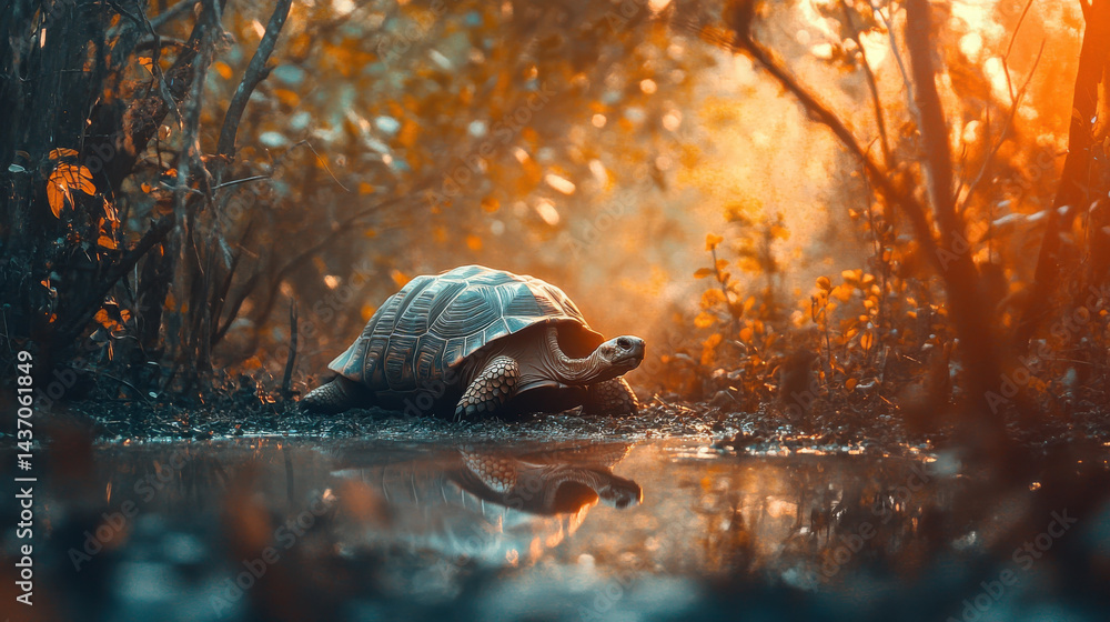 tranquil moment of tortoise slowly moving through serene forest, reflecting on water surface