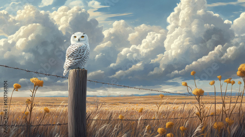 Obraz na płótnie tranquil moment of snowy owl perched on fence, surrounded by golden grasses and dramatic clouds, evokes sense of peace and nature beauty w salonie
