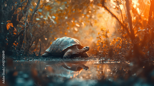 Obraz na płótnie tranquil moment of tortoise slowly moving through serene forest, reflecting on water surface w salonie