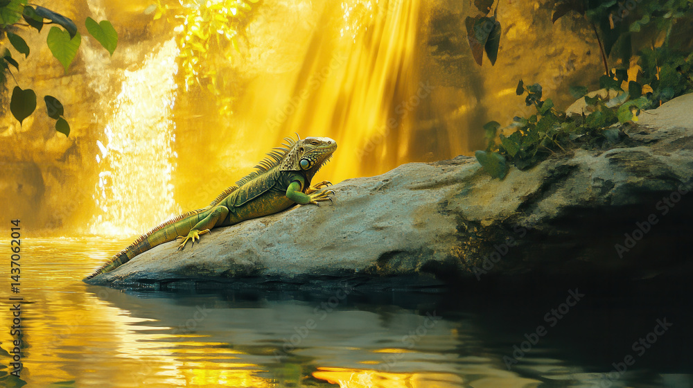 tranquil view of green iguana basking on sunlit rock near waterfall, surrounded by lush foliage and reflecting water