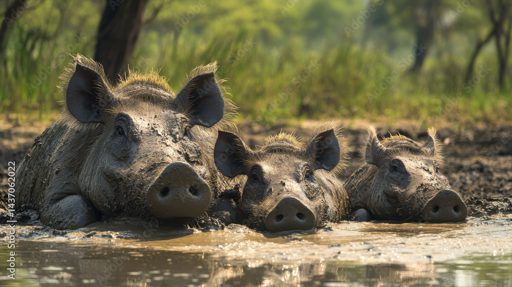 tranquil view of family of warthogs wallowing in muddy water, showcasing their playful nature and connection to environment